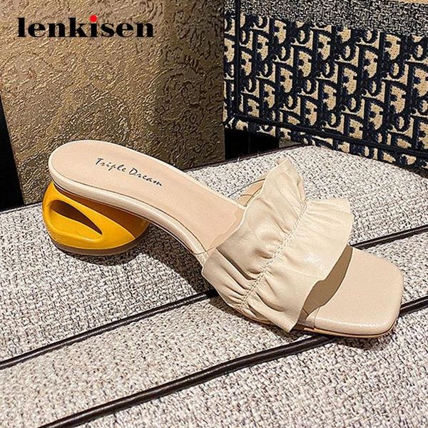 

dress shoes lenkisen pleated mixed cloth ruffles genuine leather square toe med strange heel women beauty lady summer sandals l07, Black