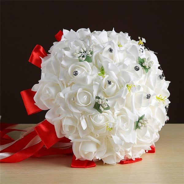 

decorative flowers & wreaths wedding bouquet bridal artificial foam rose bride fake silk ribbon decorations bridesmaid supplies red white