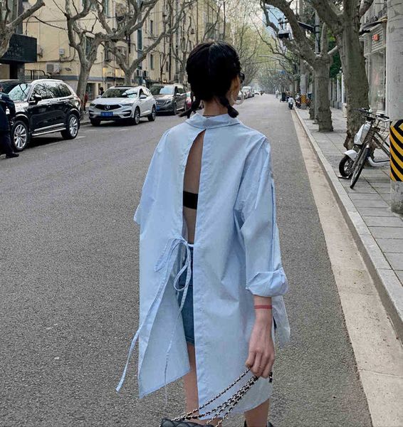 

women's blouses & shirts spring summer korea fashion women long sleeve turn-down collar loose back hollow out s 5fuu, White