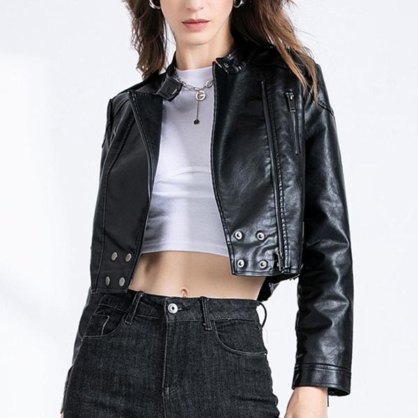 

women's leather & faux shnsophi spring autumn women short pu jacket streetwear female moto biker ladies slim black rivet zipper outerwe