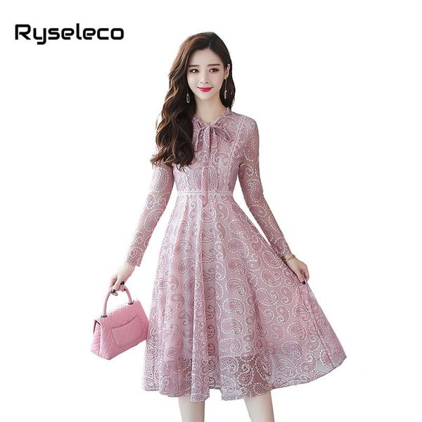

casual dresses quality autumn women bow lace dress hook flower hollow out vestidos work slim vintage long sleeve party flare, Black;gray