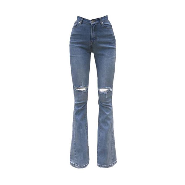 

women's jeans ruibbit blue long women basic classic high waist girls flared hole denim pants elastic stretch