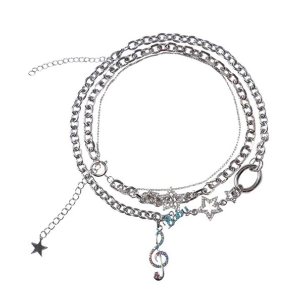 

pendant necklaces hip-hop trendy double-layer combination note crystal gemstone colored diamond stacked belt street necklace accessories, Silver