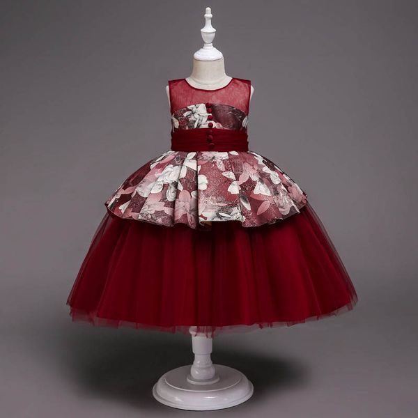 

girls dresses kids clothes children clothing sleeveless print princess mesh formal dress ball gown b8247, Red;yellow