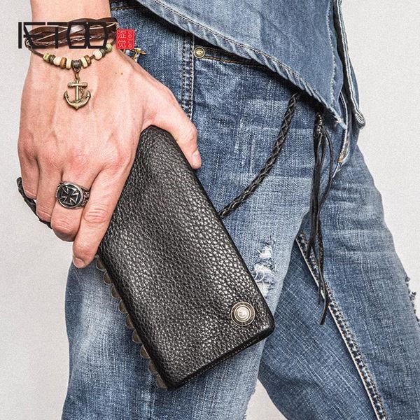 

men's long leather rivet wallet, first layer cowhide creative zipper trendy young wallet wallets1, Red;black