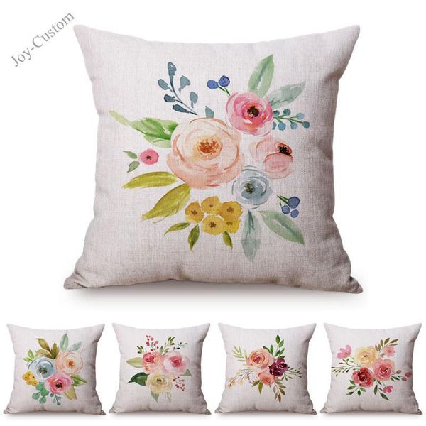 

cushion/decorative pillow nordic watercolor flower art small fresh home decoration sofa throw case colorful rose cotton linen room cushion c