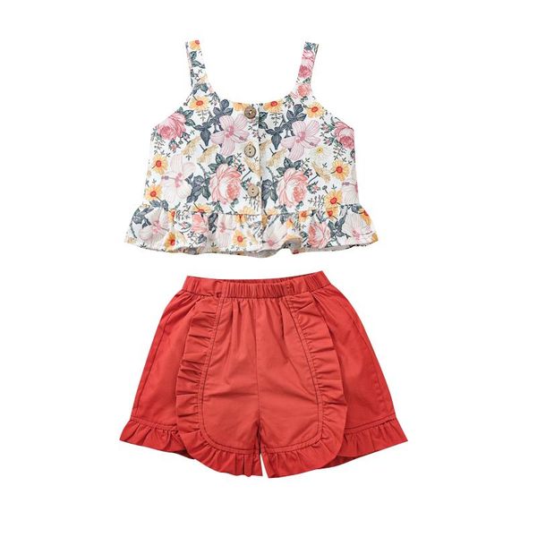 

clothing sets sweet cute girls clothes kids floral print sleeveless button down tank red lace shorts 2pcs outfits summer, White