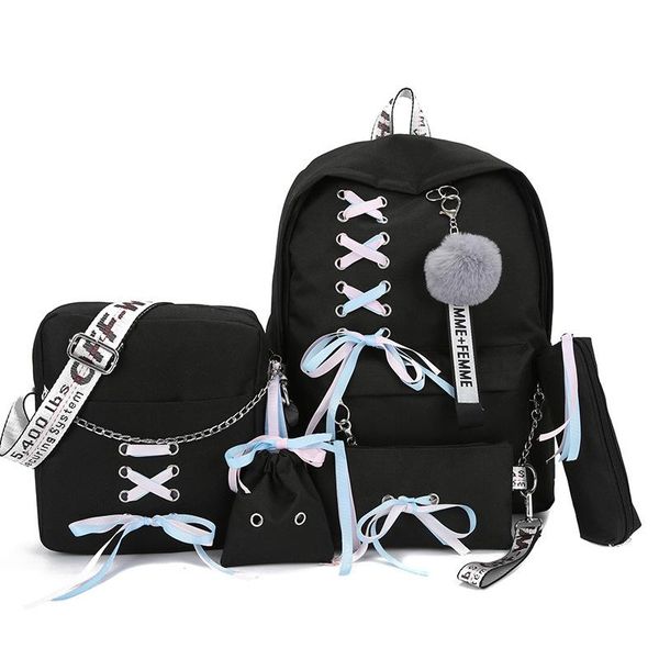 

backpack 2021 chain canvas female book bag 5pcs/set schoolbag school travel pack fashion tassel women teenage teenagers girl