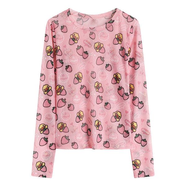 

nbpm spring summer fashion strawberry printing tees net yarn pink women's t-shirts cute sweet long sleeve clothing 210529, White