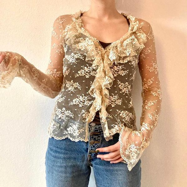 

women's t-shirt y2k aesthetic sweet lace crop see through button ruffles v neck full sleeve cardigans fairy grunge women tees, White