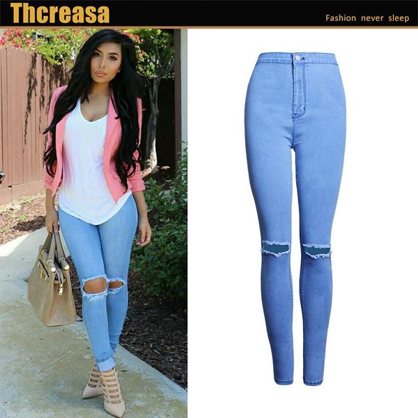 

huangao] fast selling european beauty high waist elastic slim show thin solid color holed feet women's jeans, Blue