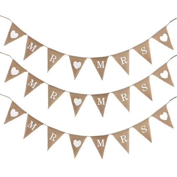 

party decoration 1pcs vintage mr mrs love heart wedding banner for marry jute bunting props rustic outdoor garden decor