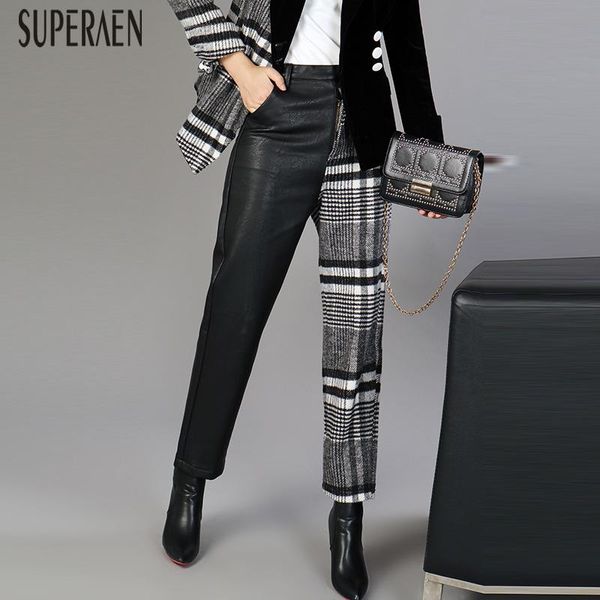 

women's pants & capris superaen leather women 2021 winter fashion casual wild ladies high waist harem lattice ankle-length, Black;white