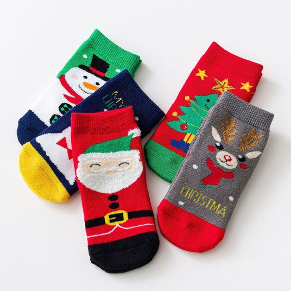 

socks 5 pairs/lot christmas kids toddler boys girls santa claus elk pattern colorful funny cotton soft warm sock, Pink;yellow