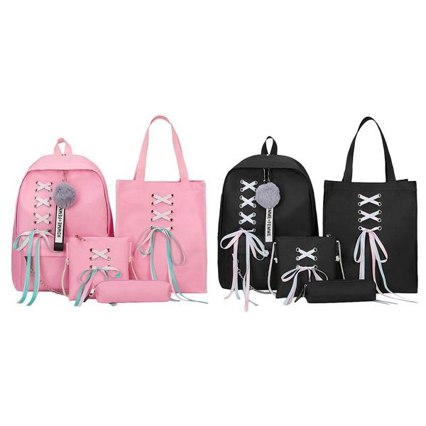 

4pcs/set ribbon chain bowknot letter canvas backpack travel rucksacks leisure backpacks for teenage girls school bagpack bags