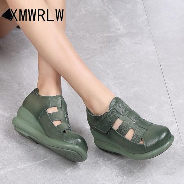 

women's sandals summer genuine leather shoes thick sole wedges ladies retro 2021 hook & loop women, Black