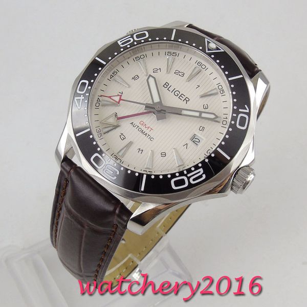 

41mm bright white marker plate sapphire glass gmt date automatic movement gentlemen watch, Slivery;brown
