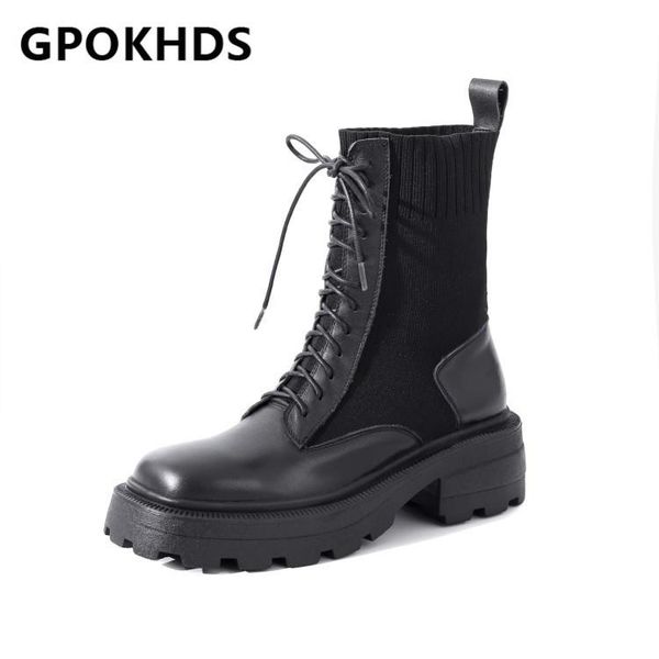 

boots gpokhds 2021 women ankle cow leather winter short plush square toe lace-up platform high heels female riding size 41, Black