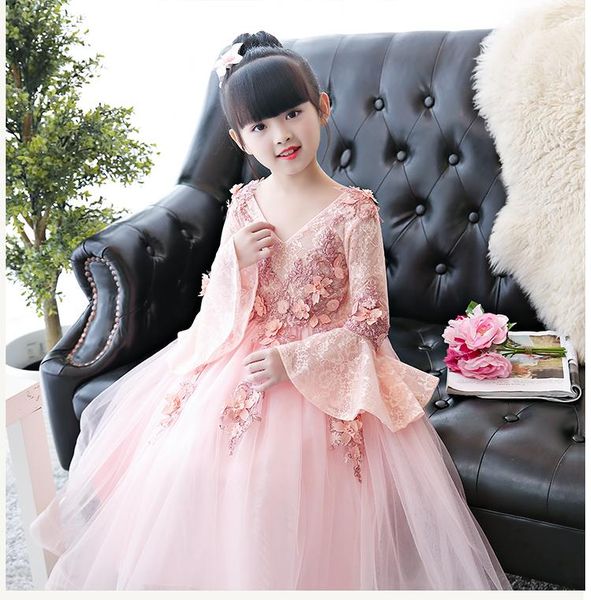 

girl's dresses elegant kids appliques lace flower girls dress flare sleeve pageant party wedding ball gown prom princess formal, Red;yellow
