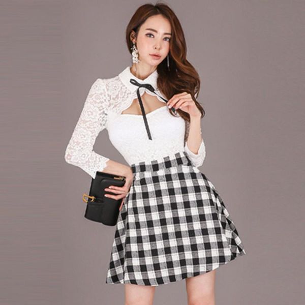 

korean spring women elegant sweet lace splicing lattice dress hollow out fashion high waist a-line mini casual dresses, Black;gray