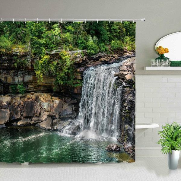 

shower curtains 3d printing waterfall theme forest landscape bath waterproof fabric curtain set nature scenery bathroom screen