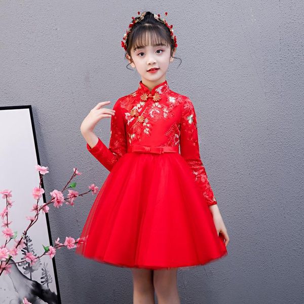 

cute flower girls dresses kids chinese embroidery lace cheongsam dress baby elegant traditional year ethnic clothing, Red