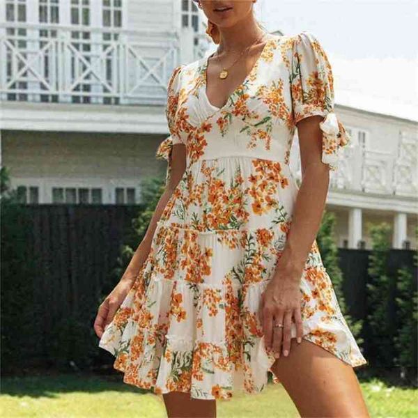 

bownot short sleeve floral bohemian printed summer dress women v-neck a-line beach dresses female vestidos 210427, Black;gray