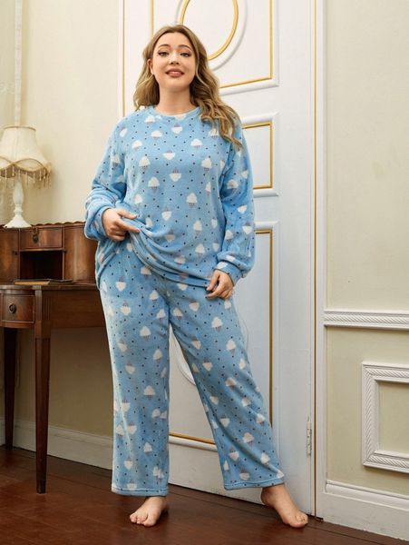 

plus allover print velvet pajama set k0ga#, Black;white