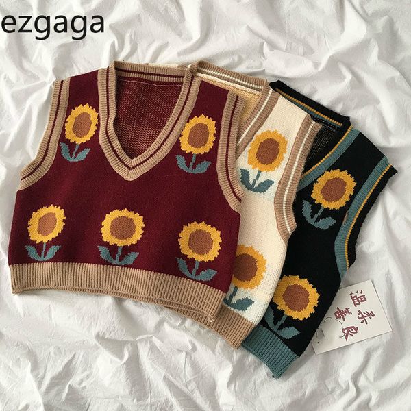 

ezgaga sweater vest women casual autumn sleeveless v-neck pullover loose knitwear sunflower waistcoat sweet fashion y2k 210430, Black;white