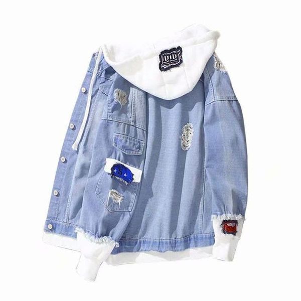 

men's jackets spring autumn trend men denim jacket loose fake two-piece hooded stitching jeans coats print ripped stretch outerwear clo, Black;brown
