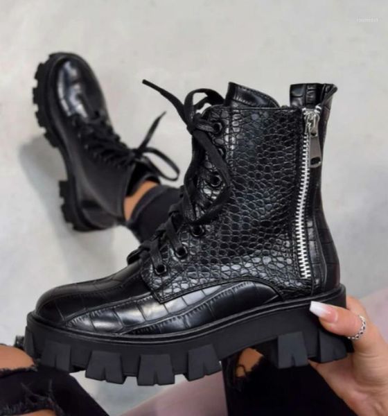 

boots 2021 lace up square heel pu patent leather ankle women shoes round toe zipper platform size1, Black