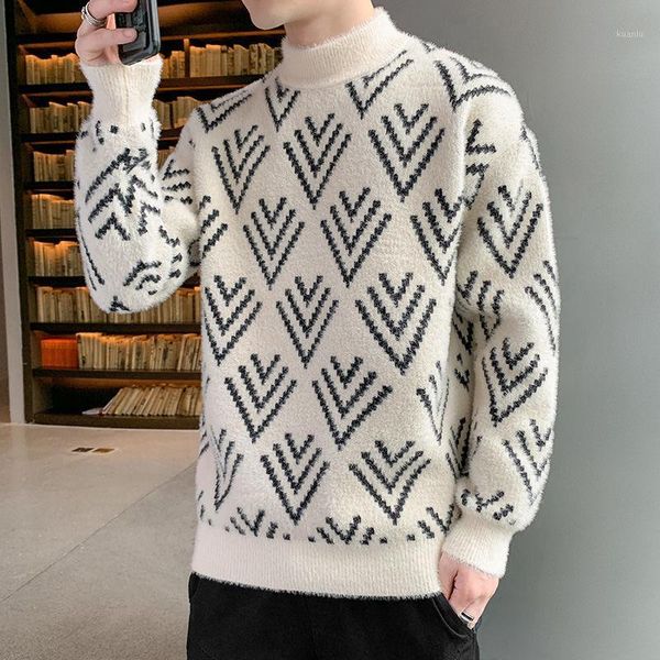 

men's sweaters 2021 men autumn winter mock neck warm sweater slim fit printed pullovers long sleeve knitted jumper w749, White;black
