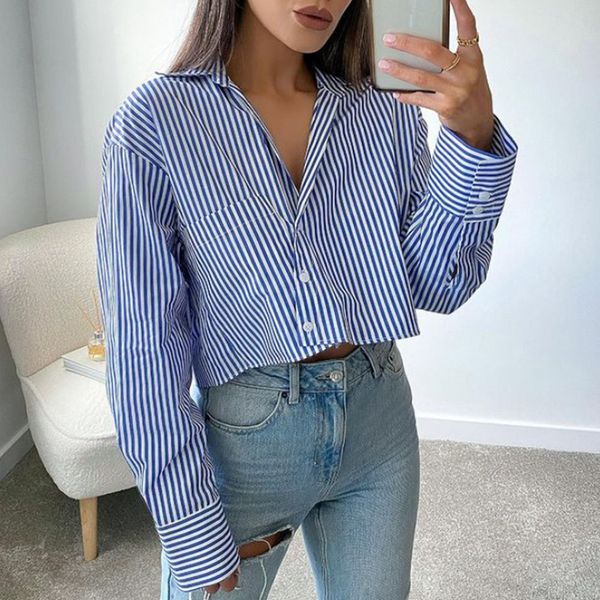

women's blouses & shirts 2021 trendy striped women pockets cropped blue female blusas lqsd, White