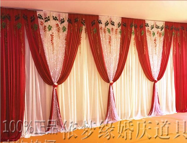 

party decoration satin red wedding backdrop curtain with swag stage backdround pleats 10ftx20ft(3*6m) silver sequins