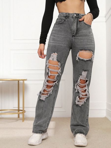 

cut out ripped straight leg jeans p49y#, Blue