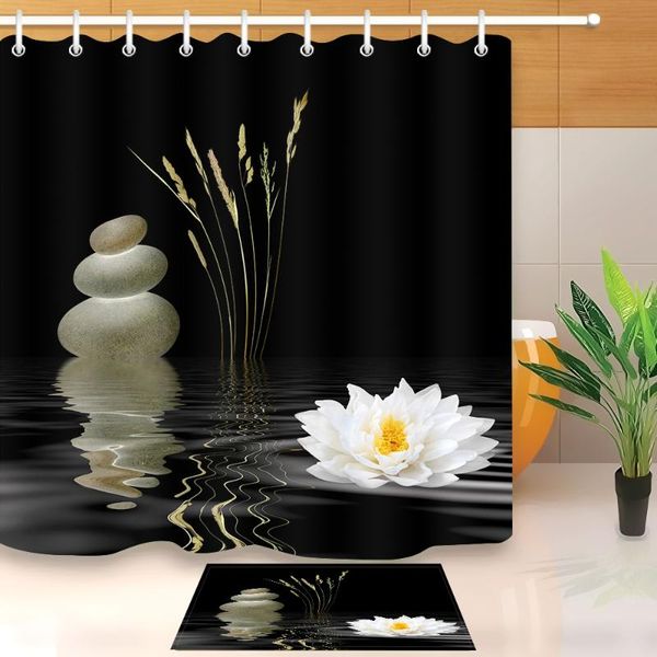 

zen stone shower curtain with asian lotus flower reflection on water bathroom waterproof polyester fabric for bathtub decor curtains