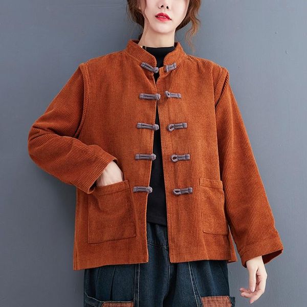 

women's jackets women stand collar plate button cardigan 2021 autumn vintage style loose female corduroy coats outerwear pockets, Black;brown