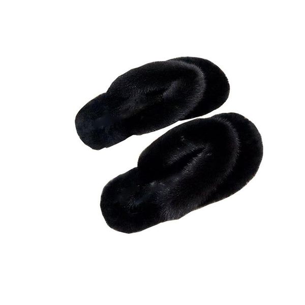 

2021 women's slippers 100% mink hair clip toe flat shoes, Black