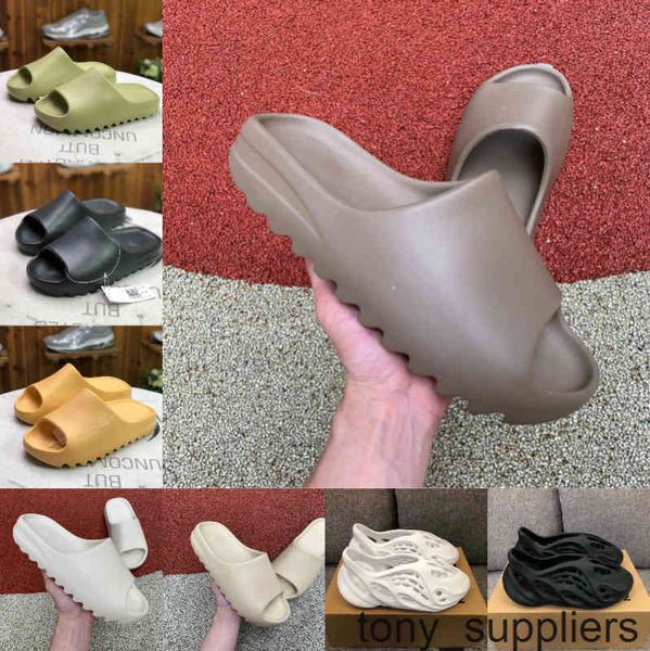 

2021 new kanyeslides slippers foam runner west desert sand triple bone white shoes resin solid slide sandal women mens slipper size 5-11 ysj, Black