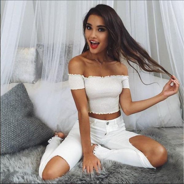 

women's t-shirt summer womens off shoulder vest sleeveless solid color crop, White