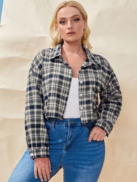 

plus plaid pocket front jacket 54m1#, Black