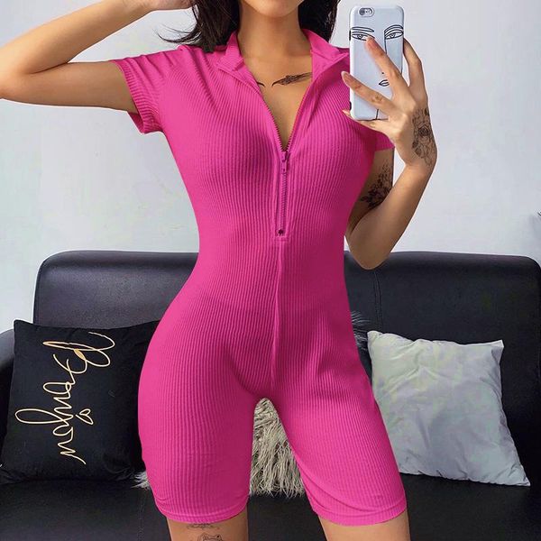 

stand collar zipper jumpsuit solid color women summer short sleeve rib knitted playsuit slim workout rompers women's jumpsuits &, Black;white