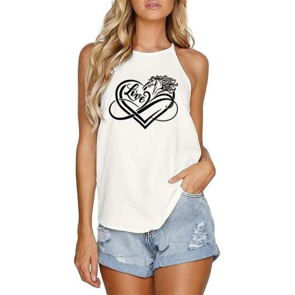 

women's t-shirt fashion summer sleeveless sling for women love horse letters print female irregular hem white casual