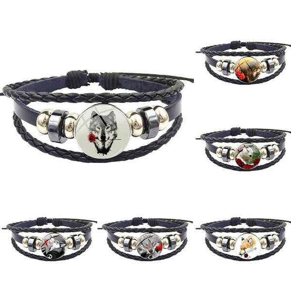 

charm bracelets for women christmas gift fashion jewelry steampunk black leather bracelet bangle wolf with rose flower, Golden;silver