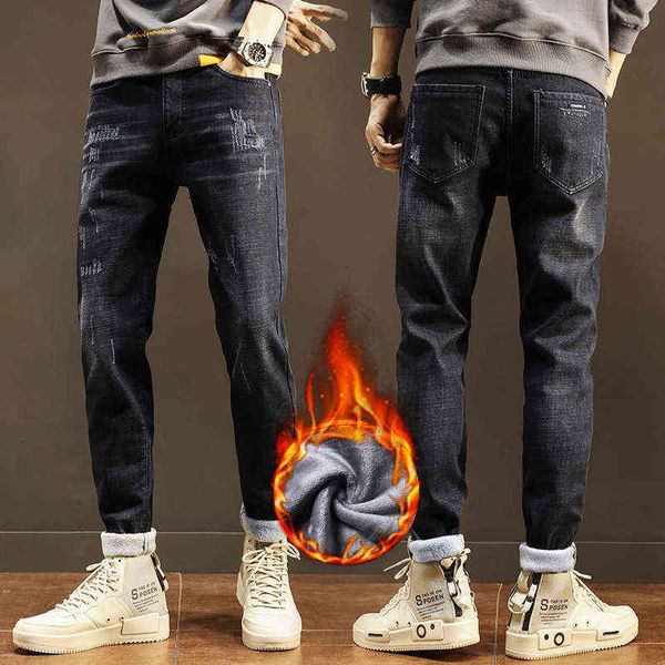 

plush thickened jeans 2021 autumn winter warm casual denim micro elastic men's pants, Blue