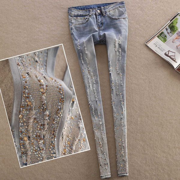 

women's jeans korean version of spring wear with diamond, Blue