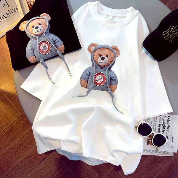 

women's t-shirt casual female t-shirt, summer and spring big size shirts with bear face print, loose, graphic, korean, 5d12, White