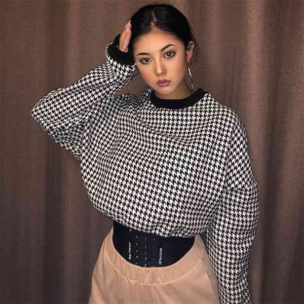 

autumn and winter black white plaid high street casual warm sweater women o-neck all match pullover womenen sn 210922, White;black