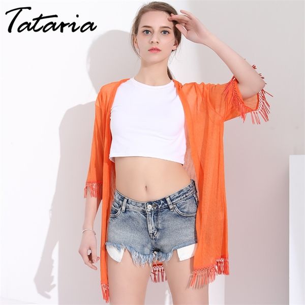 

1ladies summer long cardigan women causal slim fringed women open stitch sweater beach shirts female sunscreen clothing 210514, White