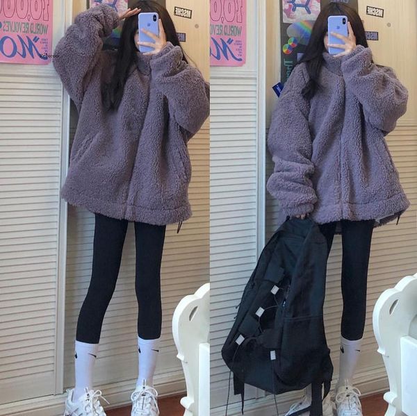 

women faux lamb wool pullovers casual winter crew neck femal fleece hoodiesswe knitted pink brown clothing women's hoodies & sweatshirt, Black